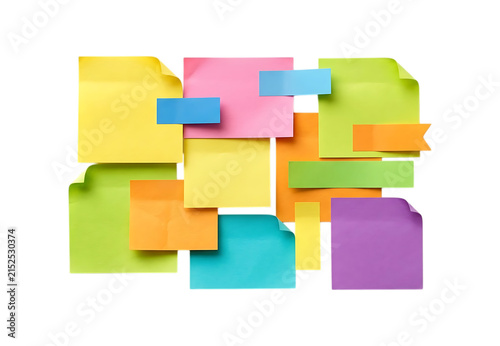 Collection of colorful sticky notes arranged in a messy pile for reminders and office tasks isolated on transparent background