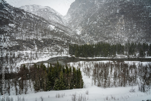 Snow-covered Norwegian mountain valley in winter