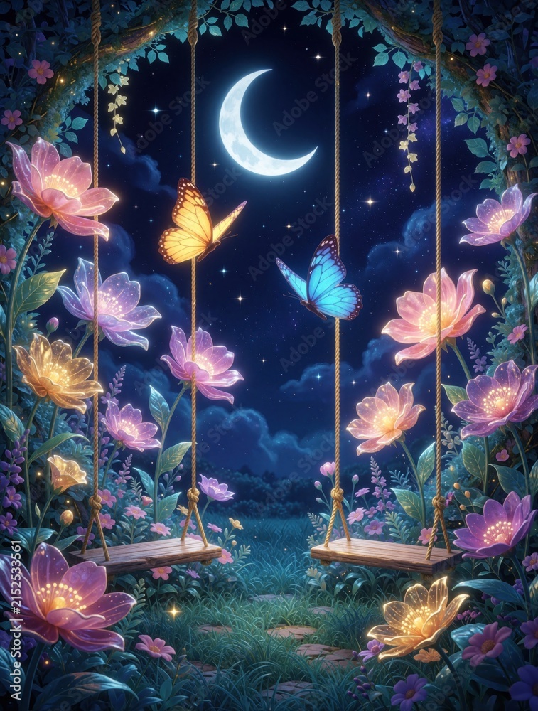 Fototapeta premium Magical night garden with glowing flowers, wooden swings. Two colorful butterflies fly under bright crescent moon, stars. Dreamy fantasy landscape features vibrant botanical elements, sparkling
