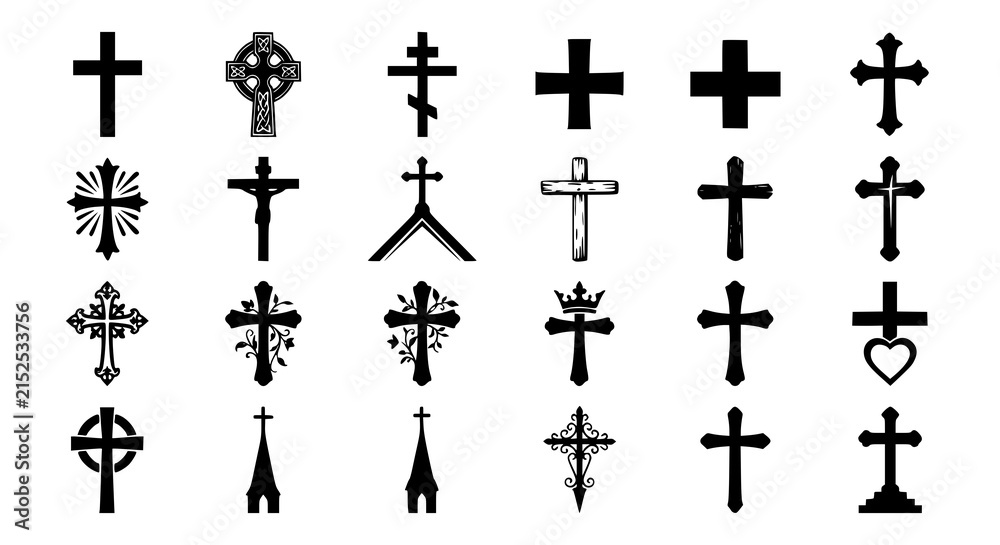 Fototapeta premium Christian Cross and Crucifix Silhouette Icons Collection Vector Set
