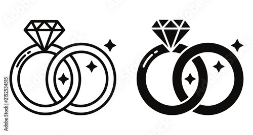 Wedding ring icons set with diamond engagement ring and plain band interlocking for marriage ceremony celebration and romantic love symbol