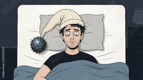 Exhausted man lying in bed wearing a nightcap attached to a heavy spiked iron ball suffering insomnia.