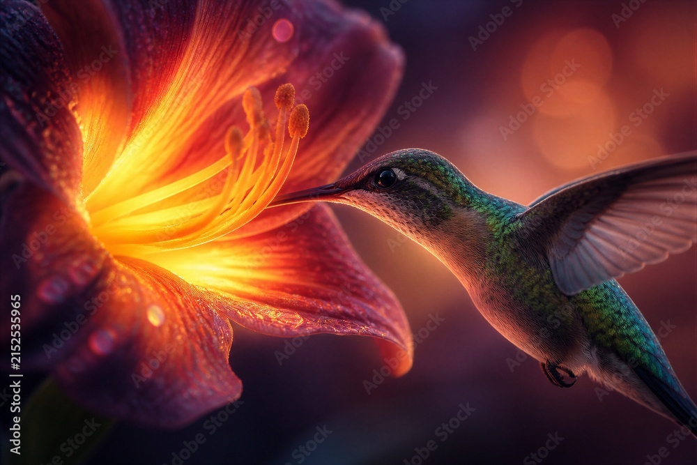 Naklejka premium Hummingbird feeding from glowing flower during warm dusk