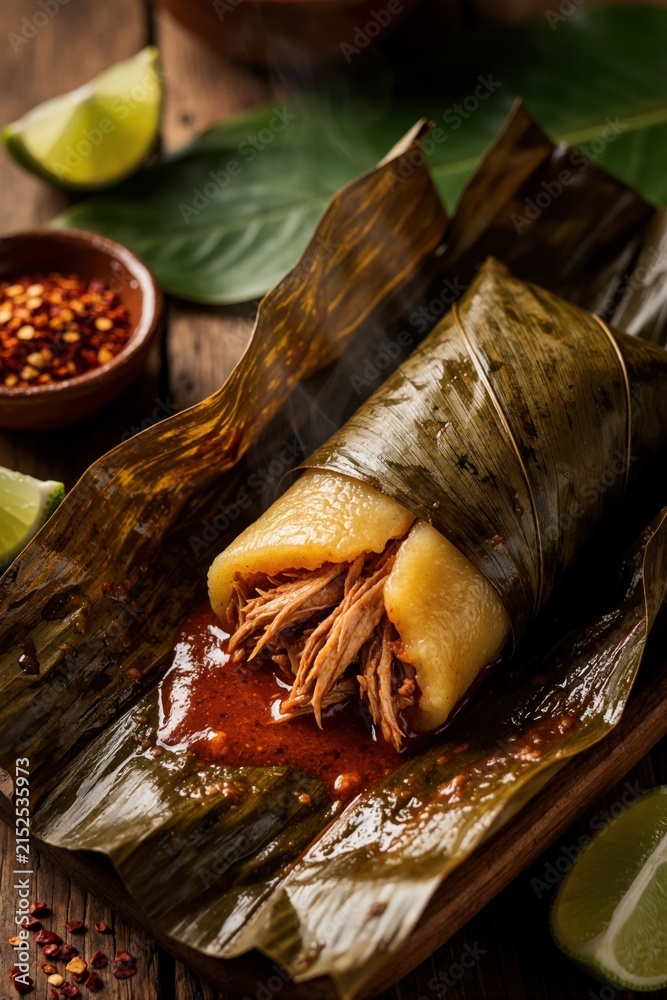 Naklejka premium Steaming tamale Oaxaqueno stuffed with shredded pork, bathed in red sauce. Wrapped in banana leaf, served with lime wedges and chili flakes.