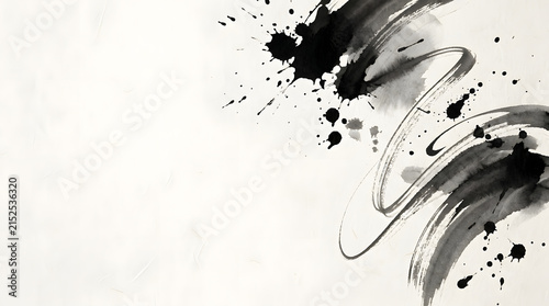 Abstract Black Ink Brush Strokes and Splatter with Copy Space