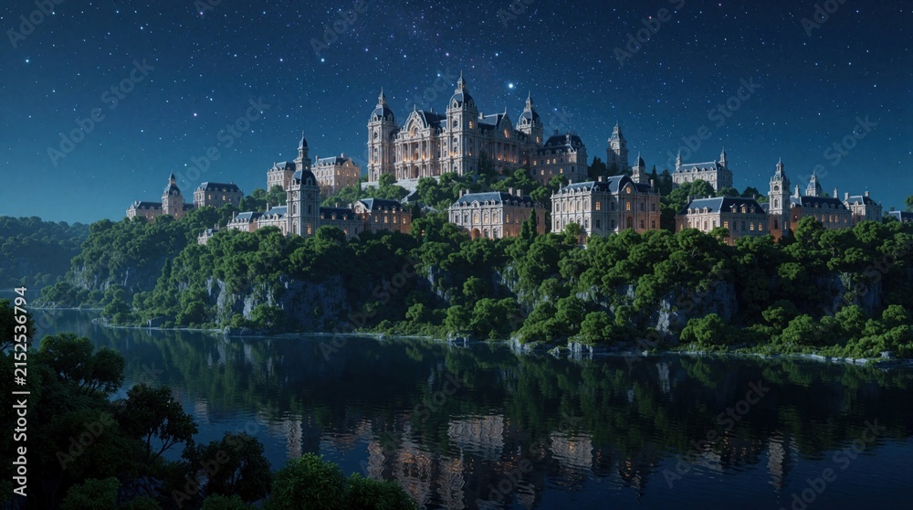Fototapeta premium Grand fantasy castle sits on rich green cliff above calm river. Ornate towers, domes glow under starry night sky. Beautiful architecture reflects in dark water below. Magical kingdom landscape