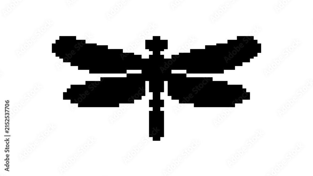 Fototapeta premium Blocky 8-bit dragonfly silhouette.