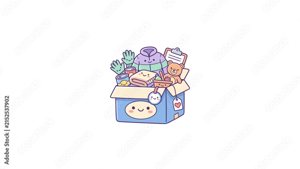 Fototapeta premium Blue donation box with clothes and toys cartoon.