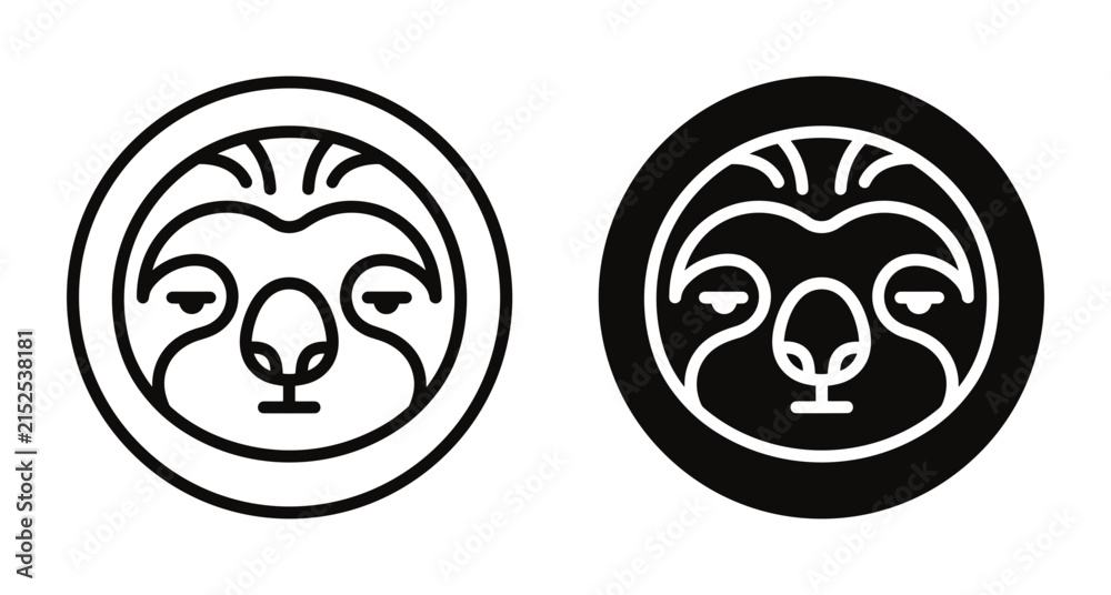 Fototapeta premium Sloth face icon set featuring minimalist line art and solid circular designs for wildlife branding animal conservation and nature logos