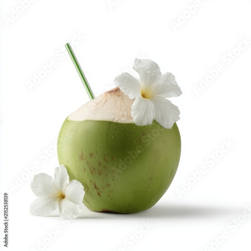 fresh green coconut with flower and straw tropical summer drink isolated png vibe