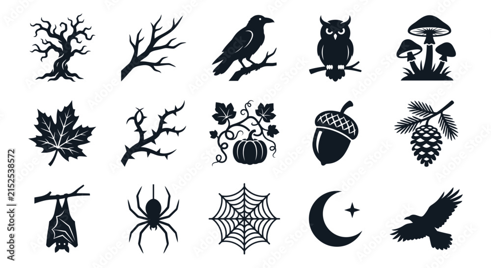 Fototapeta premium Set of black and white halloween and nature themed vector icons featuring forest animals and autumn elements