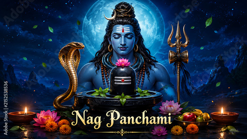 Beautiful blue lord shiva meditating behind shiv lingam mahadev with snake during holy hindu festival nag panchami celebration with lamps and flowers