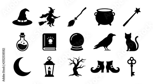 Картината върху платно Set of black halloween witch and magic themed icons featuring broomstick cauldro