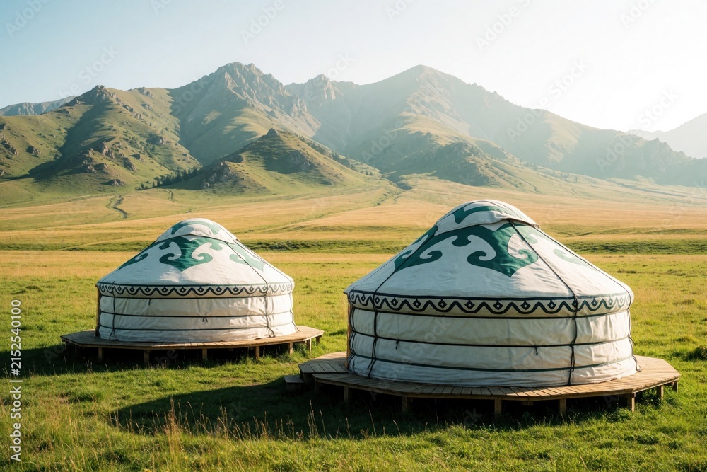Fototapeta premium Two traditional yurts stand on a grassy field with mountains in background. Nomadic dwellings have ornate patterns. Scene shows rural Asian landscape under bright sky.