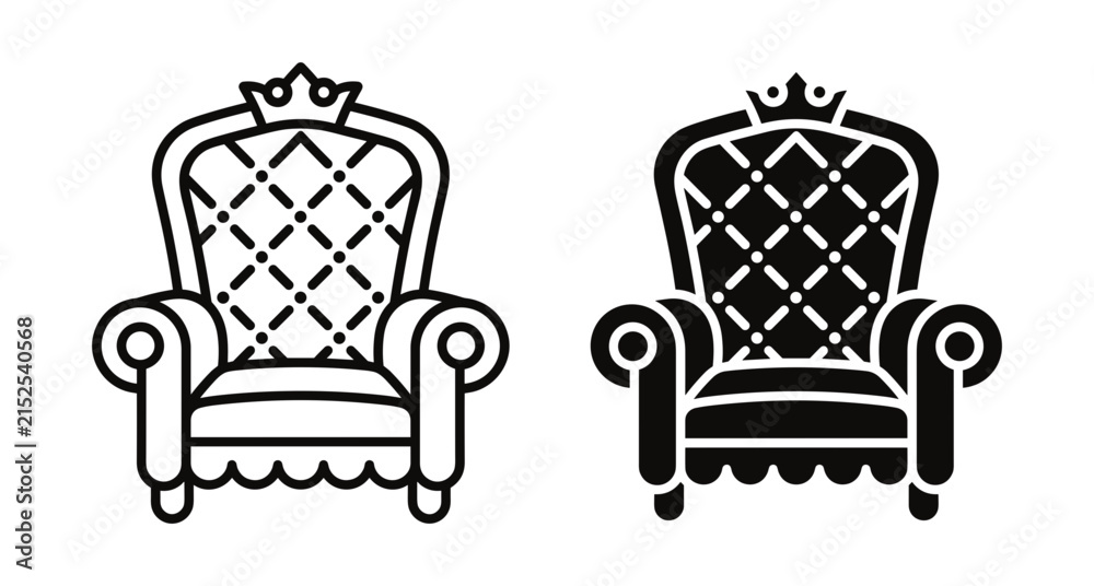 Obraz premium Royal throne armchair icon set with crown and tufted backrest in outline and solid black silhouette styles for furniture design