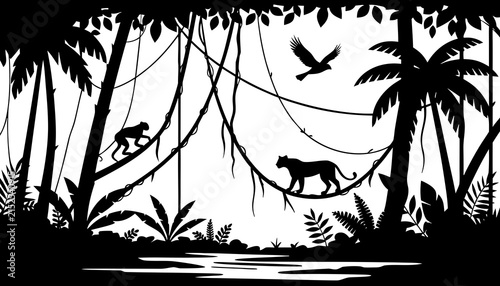 Jungle forest silhouette, rainforest background. Amazon forest scenery, jungle environment vector backdrop, wallpaper with palm trees, lianas, animals silhouettes