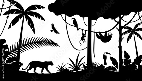 Jungle forest silhouette, rainforest background. Amazon forest scenery, jungle environment vector backdrop, wallpaper with palm trees, lianas, animals silhouettes