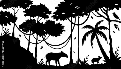 Jungle forest silhouette, rainforest background. Amazon forest scenery, jungle environment vector backdrop, wallpaper with palm trees, lianas, animals silhouettes