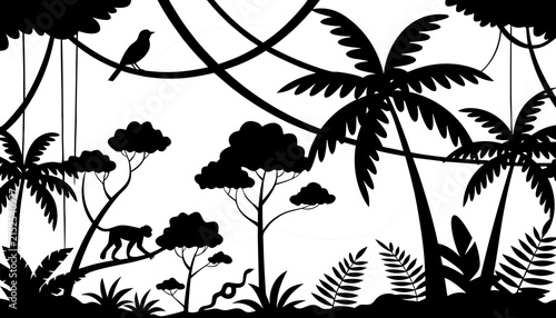 Jungle forest silhouette, rainforest background. Amazon forest scenery, jungle environment vector backdrop, wallpaper with palm trees, lianas, animals silhouettes