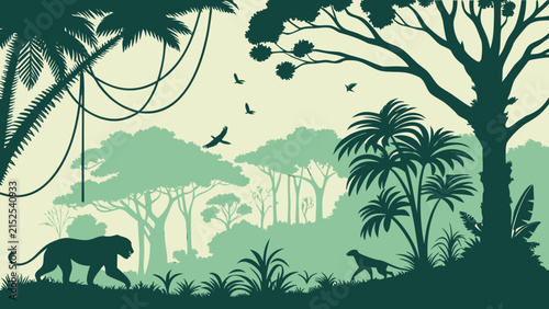 Jungle forest silhouette, rainforest background. Amazon forest scenery, jungle environment vector backdrop, wallpaper with palm trees, lianas, animals silhouettes