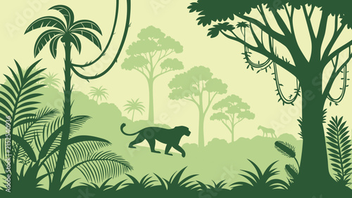 Jungle forest silhouette, rainforest background. Amazon forest scenery, jungle environment vector backdrop, wallpaper with palm trees, lianas, animals silhouettes