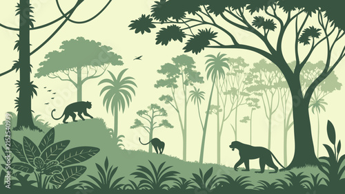 Jungle forest silhouette, rainforest background. Amazon forest scenery, jungle environment vector backdrop, wallpaper with palm trees, lianas, animals silhouettes