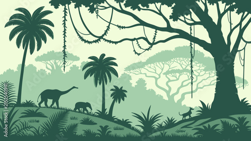 Jungle forest silhouette, rainforest background. Amazon forest scenery, jungle environment vector backdrop, wallpaper with palm trees, lianas, animals silhouettes