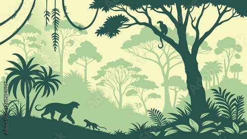 Jungle forest silhouette, rainforest background. Amazon forest scenery, jungle environment vector backdrop, wallpaper with palm trees, lianas, animals silhouettes