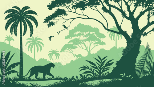 Jungle forest silhouette, rainforest background. Amazon forest scenery, jungle environment vector backdrop, wallpaper with palm trees, lianas, animals silhouettes