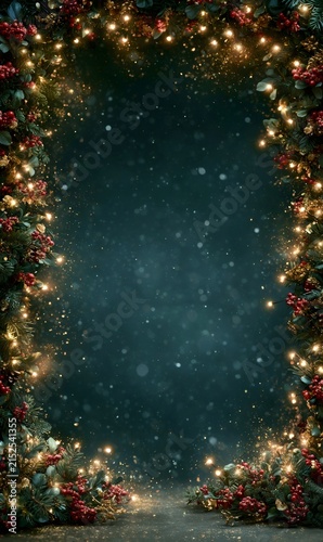 Christmas fir branches, red berries, and string lights creating a festive frame on a dark winter background with bokeh