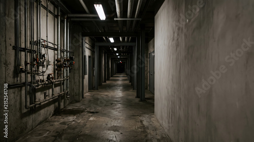 Dark Industrial Service Corridor with Exposed Pipes and Concrete Walls