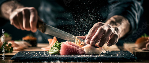 Sushi chef slicing fresh tuna with a knife on a slate cutting board sashimi japanese cuisine raw fish seafood culinary arts food preparation