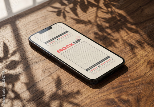 Smartphone Display Mockup on Walnut Tabletop with Shadow