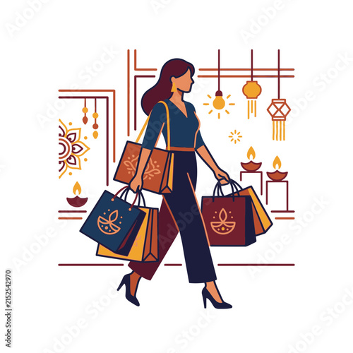 Stylish woman walking with shopping bags in festive store.