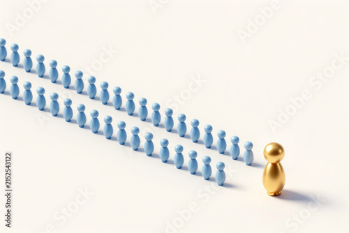 Golden Figure Among Blue Figures in Diagonal Formation