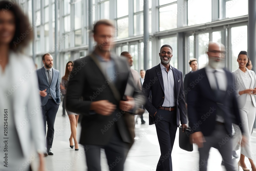 Fototapeta premium Smiling businessman walks down a modern office hallway with colleagues