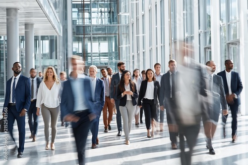 Diverse group of business professionals walking through a modern office building hallway
