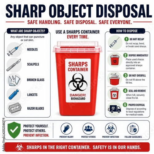 Sharp Object Disposal Infographic for Medical Waste Safety and Biohazard Prevention