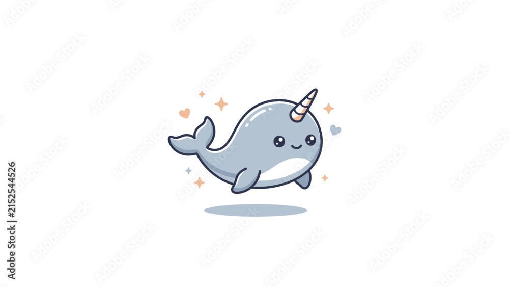 Naklejka premium Chibi narwhal character with tusk on white.