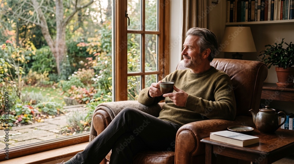 Fototapeta premium Man enjoying a warm drink while looking out a window at a garden in autumn