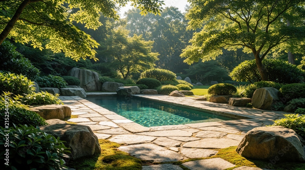 Obraz premium Rectangular pool with clear turquoise water surrounded by rich greenery and large stones. Sunlit flagstone patio leads to serene garden. Peaceful backyard oasis evokes tranquility and calm.