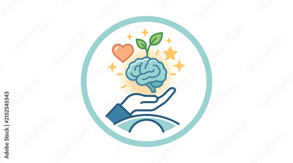 Fototapeta premium Hand holding brain with growth sprout and hearts