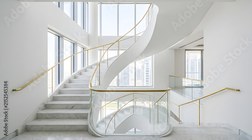Modern White Interior with Curved Marble Staircase and Gold Railings
