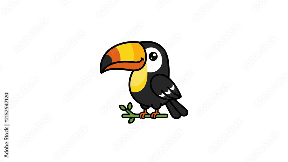 Fototapeta premium Colorful cartoon toucan perched on tree branch.