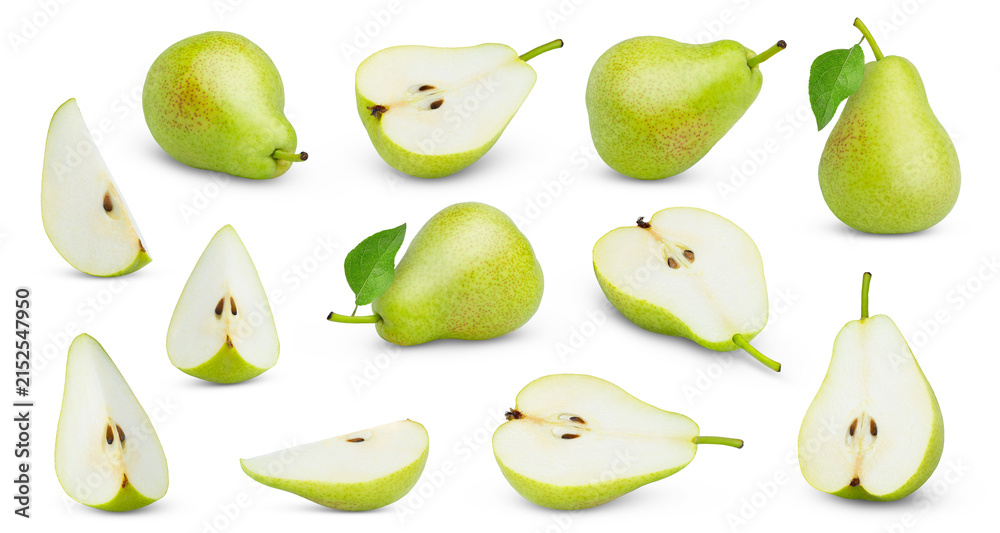 Naklejka premium Green organic juicy pears isolated with shadows collection. Fresh pear and cut in a half and a slice of green pear isolate set.