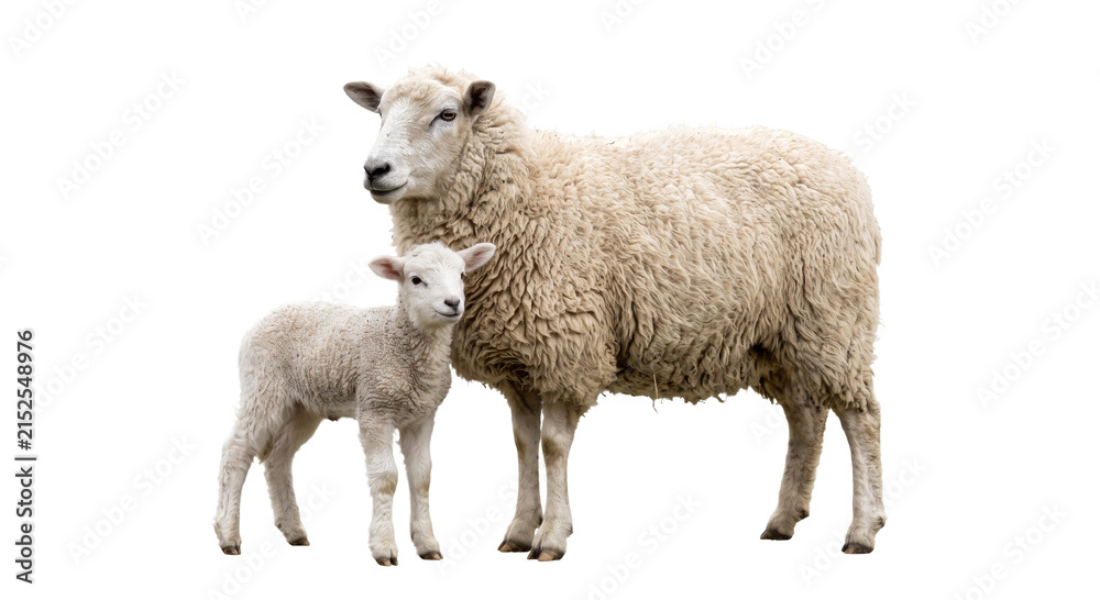 Obraz premium Mother sheep and her newborn lamb standing together on a white background