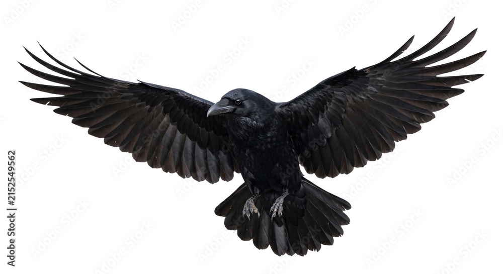 Fototapeta premium A majestic black raven with wings spread wide in flight against a white background