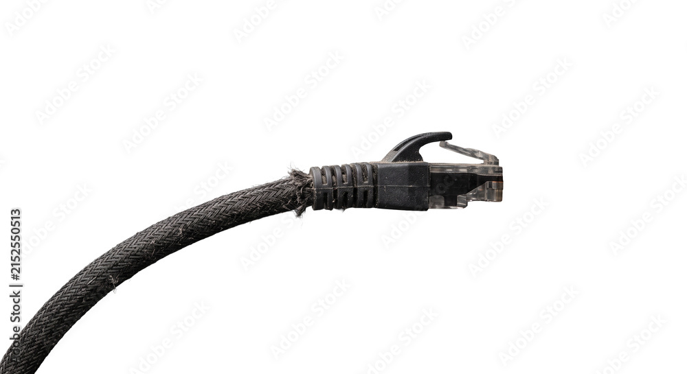 Fototapeta premium Damaged Ethernet cable with frayed protective sleeve and dust on connector