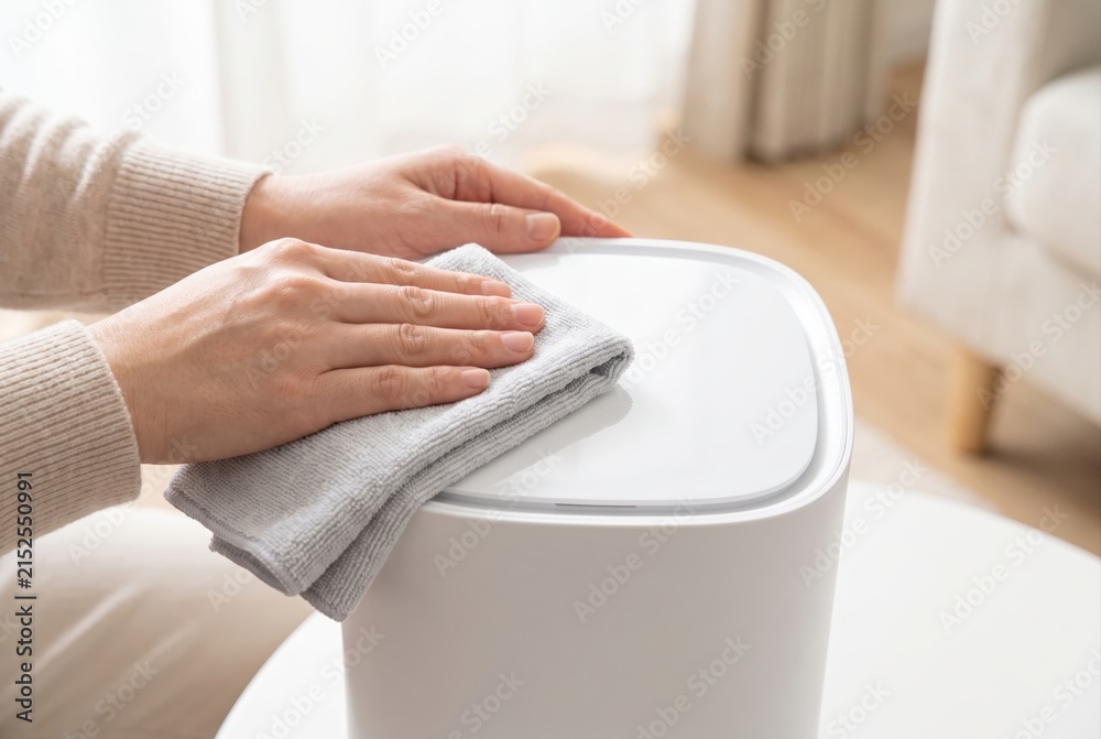 Fototapeta premium Person wiping the top cover of a modern white humidifier with a soft grey cloth in a living room