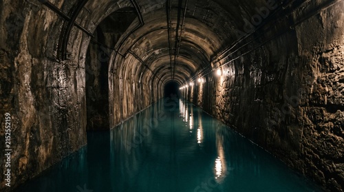 water filling underground corridor, light through the tunnel